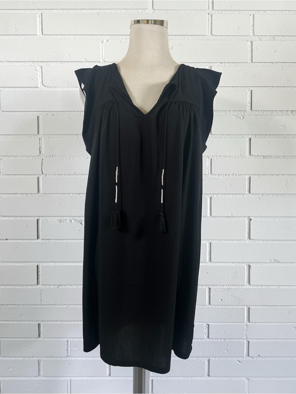LOFT Black Split-Neck Tassel Shift Mini Dress